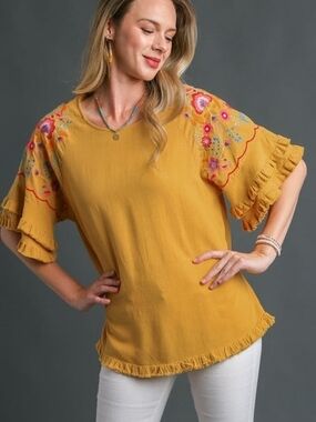 Umgee Mustard Embroidered Ruffle Sleeve Tunic